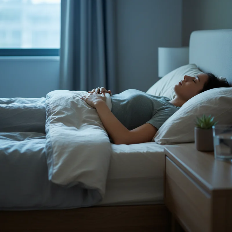 Person practicing deep breathing while lying in bed at night as a strategy for falling back asleep after waking up in the middle of the night