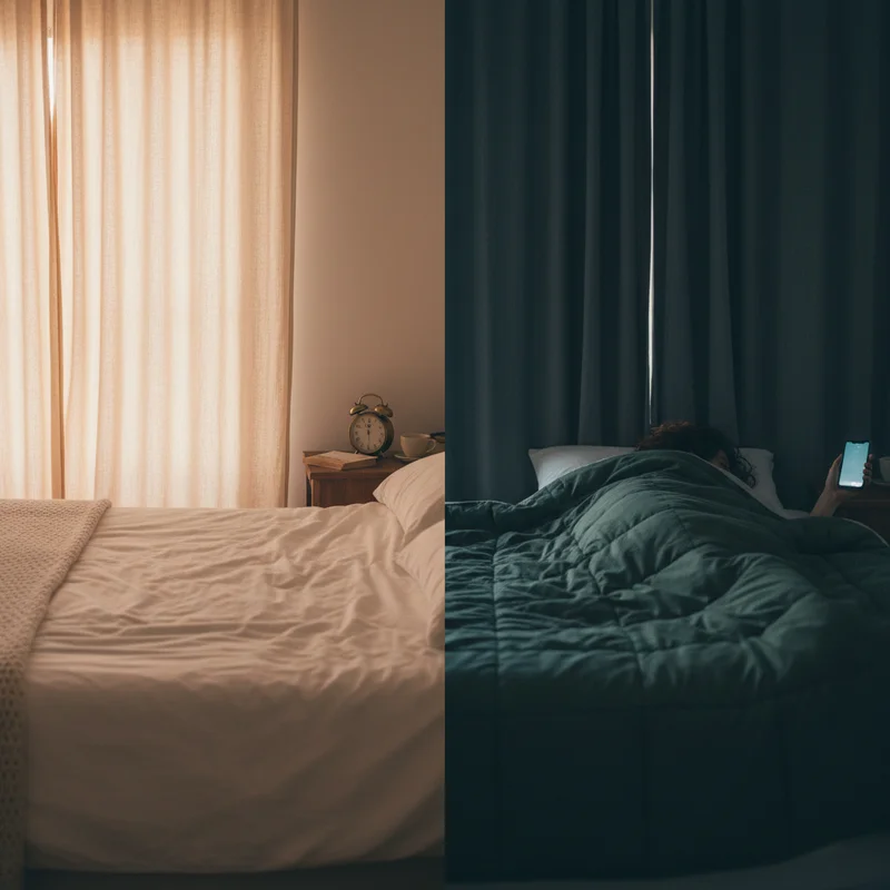 같은 시각 같은 침실에서 한쪽은 일어나고 한쪽은 자고 있는 아침형 인간 저녁형 인간 생활 패턴 대비