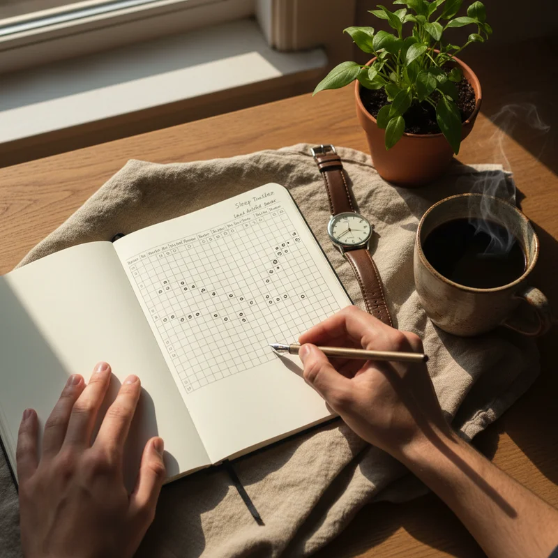 수면 패턴을 노트에 기록하며 자신의 아침형 인간 저녁형 인간 유형을 분석하는 손