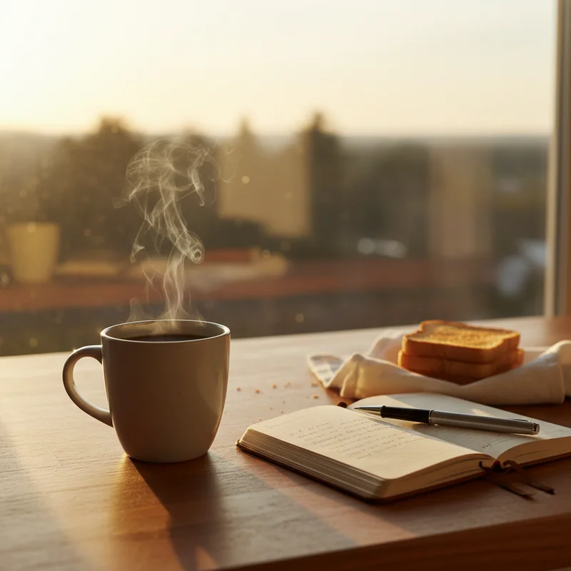 이른 아침 햇살이 든 부엌의 커피 한 잔과 노트, 자기 크로노타입에 맞춘 평화로운 아침 루틴