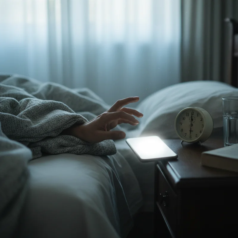 A hand reaching from under a blanket toward a glowing smartphone on the nightstand, illustrating the struggle of an alarm that forces you to wake up