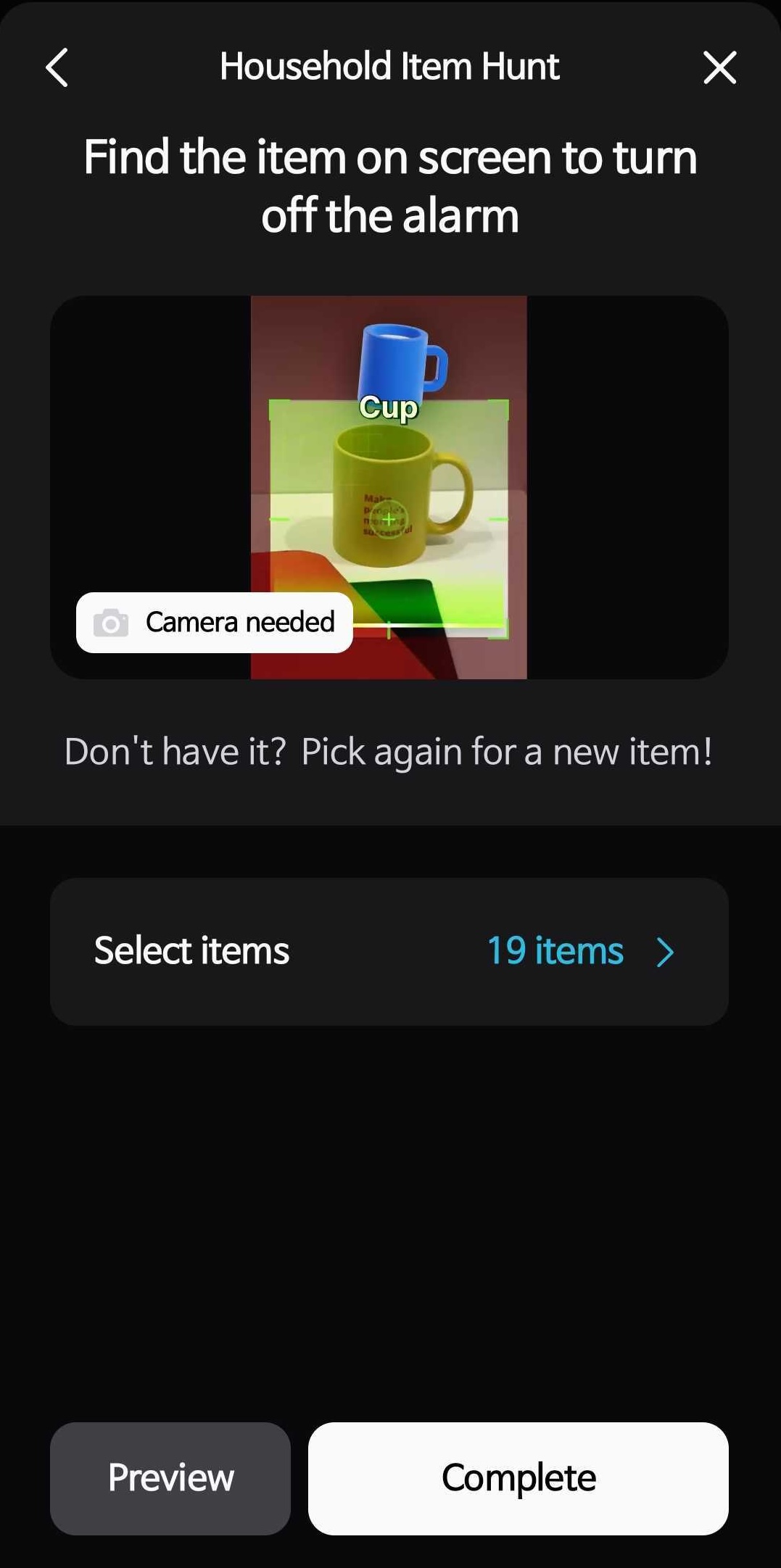 Alarmy household item hunt mission — location-based wake-up mission example