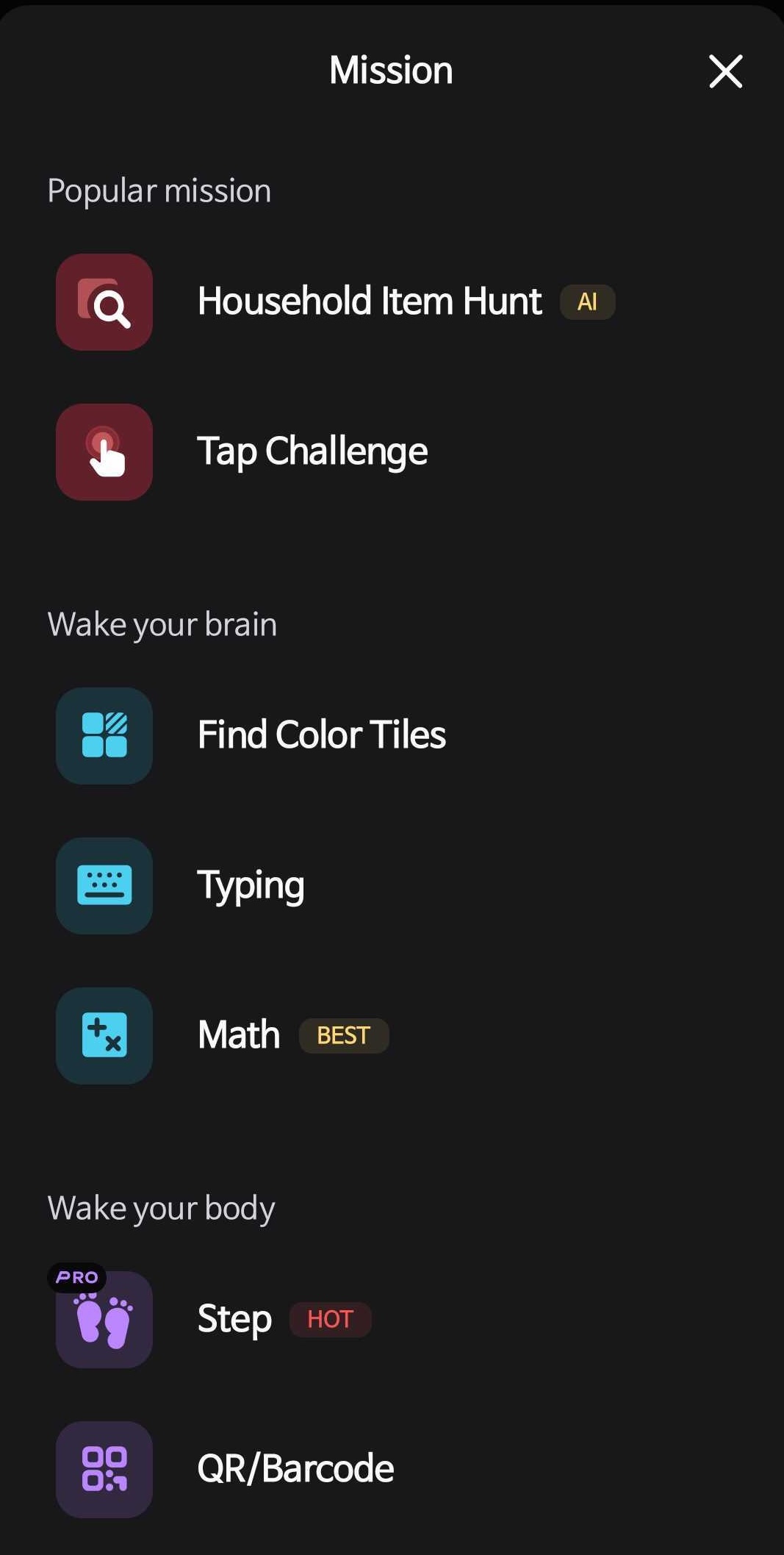 Alarmy wake-up mission selection screen showing all 10 missions at a glance