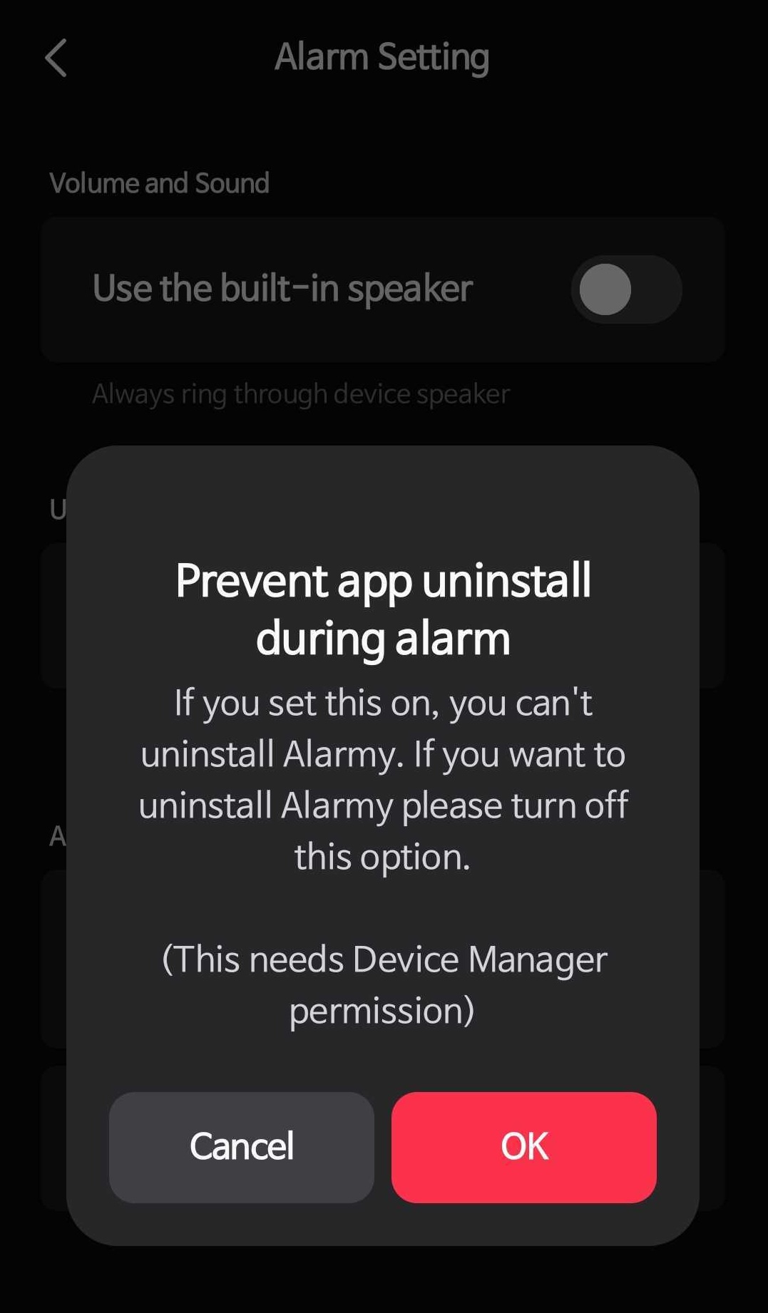 Alarmy uninstall prevention settings screen