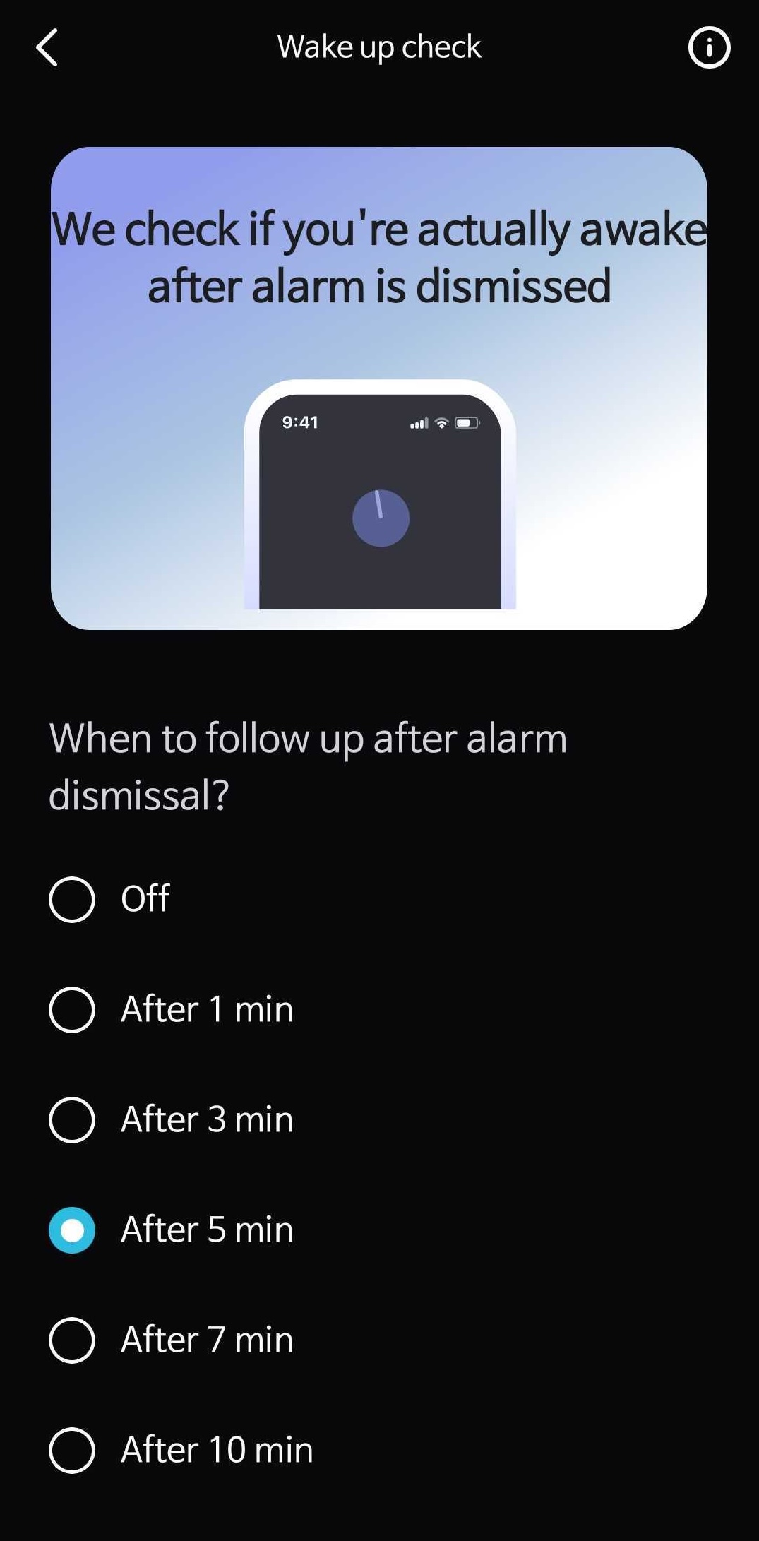 Alarmy fall-back-asleep prevention settings screen