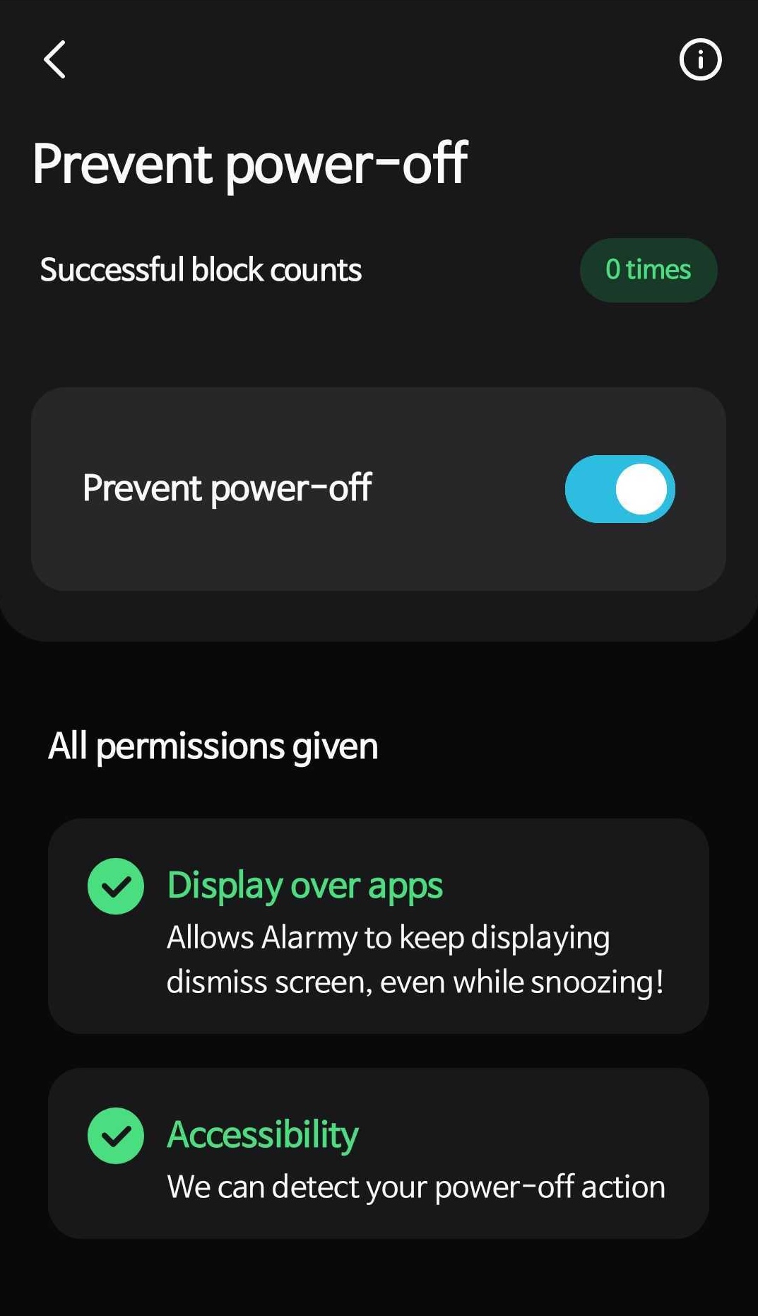 Alarmy power-off prevention settings screen