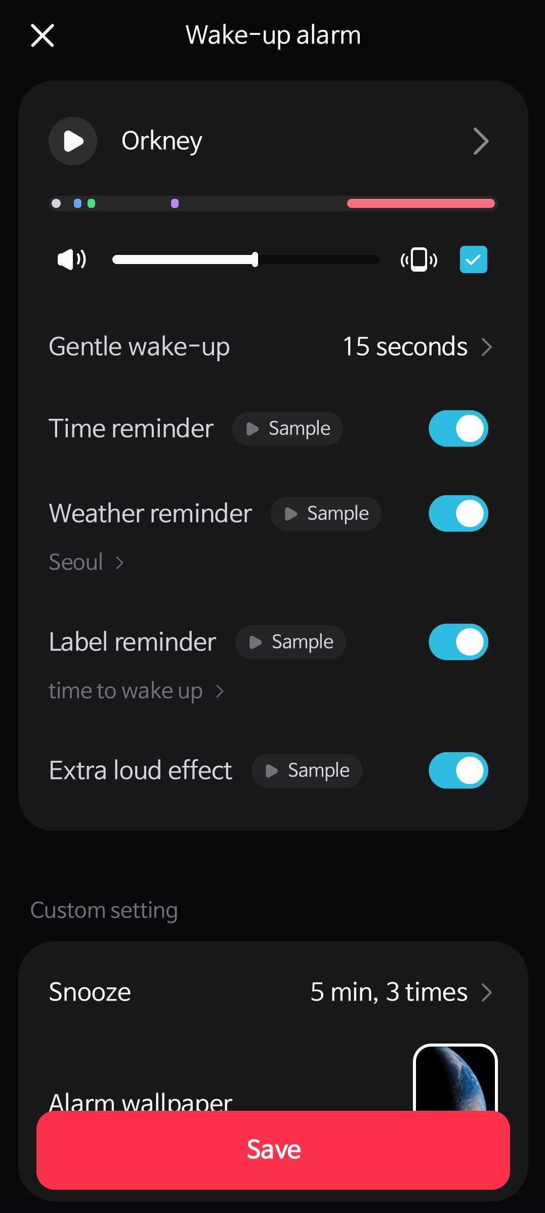 Alarmy advanced alarm settings screen including surprise sound, memo announcement, time announcement