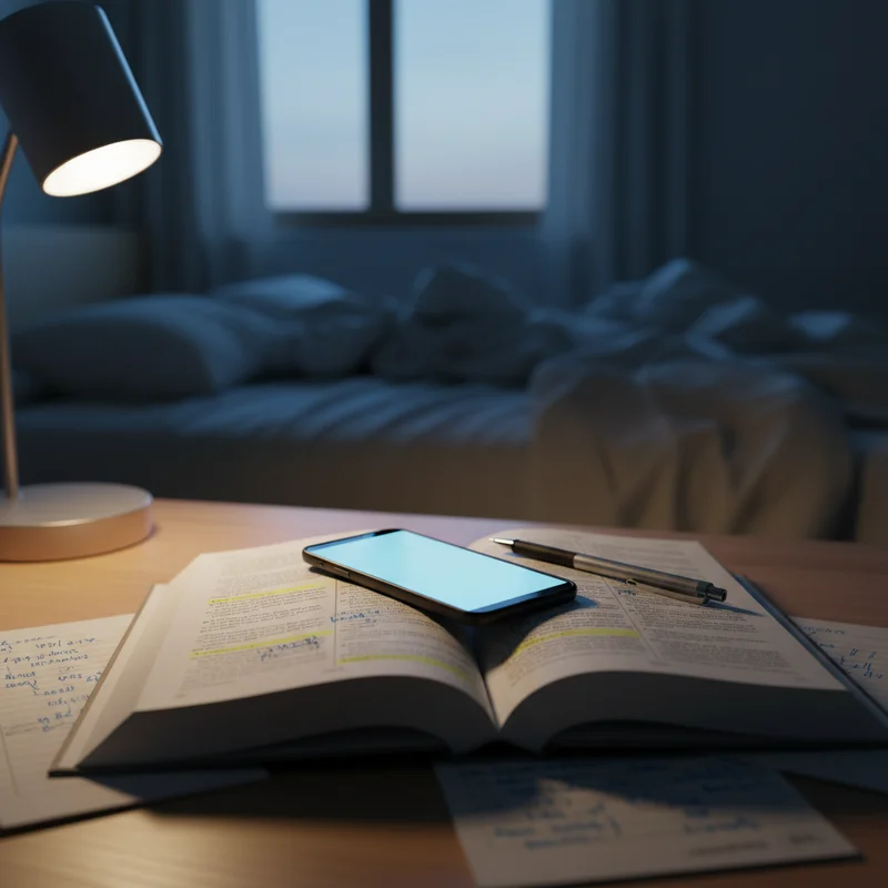 A motivational alarm for exam studying glowing softly on a smartphone resting atop an open textbook and highlighted notes at dawn, with an unmade bed partially visible in the soft background