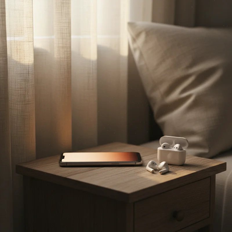 best alarm sound to wake up — smartphone and earbuds on a bedside table at dawn