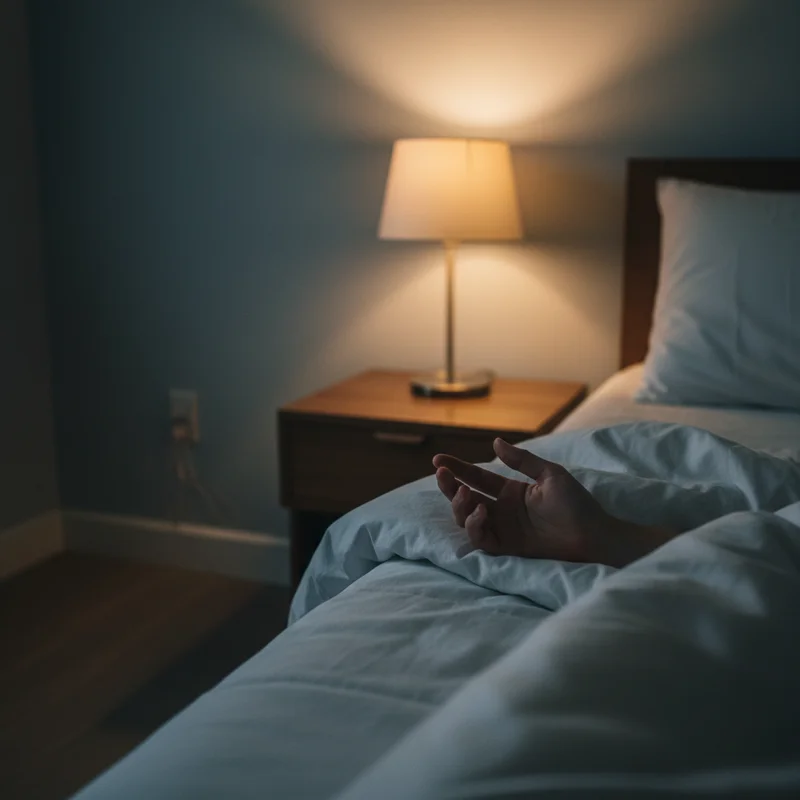 A bedside scene suited for breathing techniques to fall asleep — a hand resting on a duvet next to a soft lamp in a dim bedroom