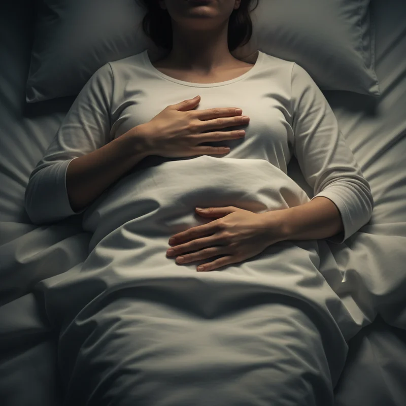A person practicing breathing techniques to fall asleep — one hand on the chest and one on the abdomen for diaphragmatic breathing in a dim bedroom