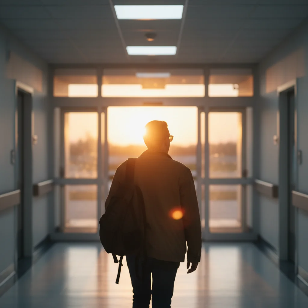A shift worker seen from behind wearing sunglasses walking into morning sunlight after a night shift