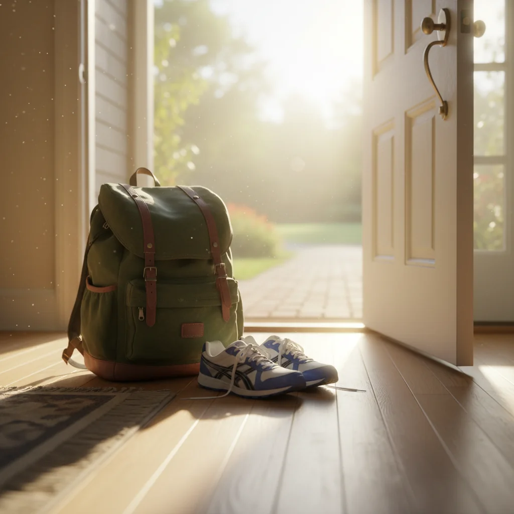 A student backpack and sneakers by an open front door with bright morning sunlight streaming in