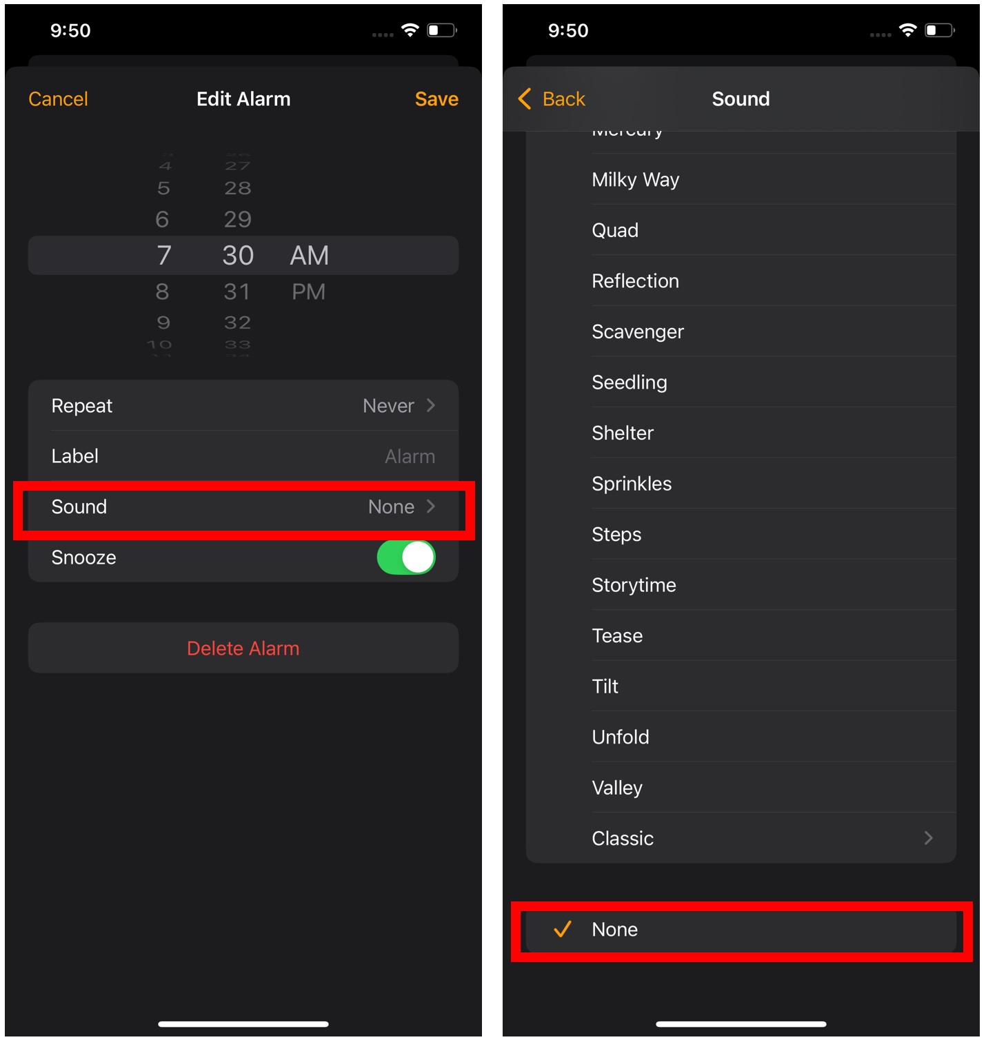 iPhone Clock app alarm sound setting showing None option