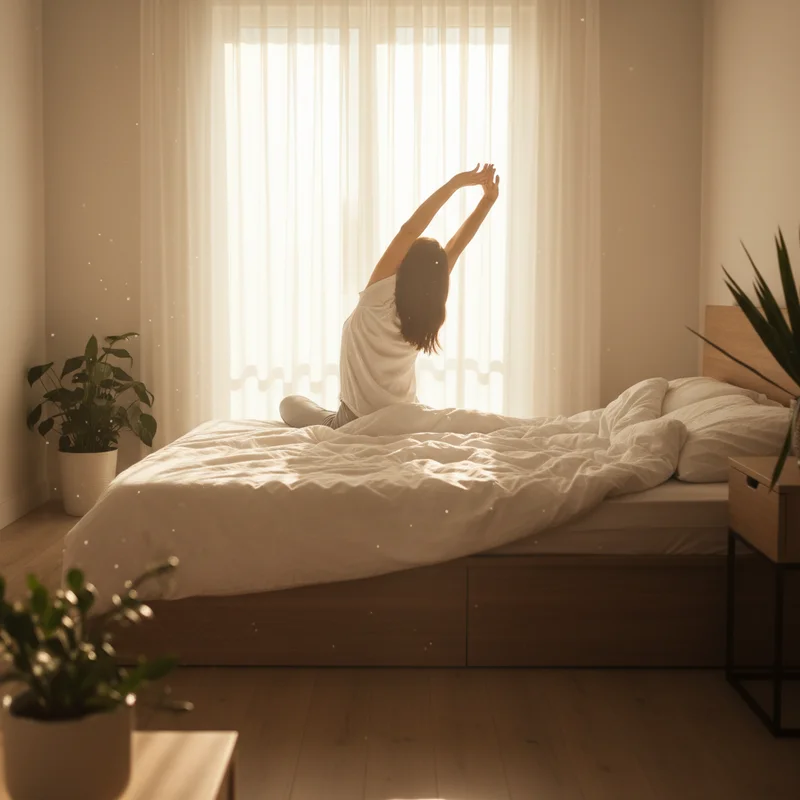 A person stretching in morning sunlight at the edge of a bed, feeling refreshed after getting enough deep sleep through the night