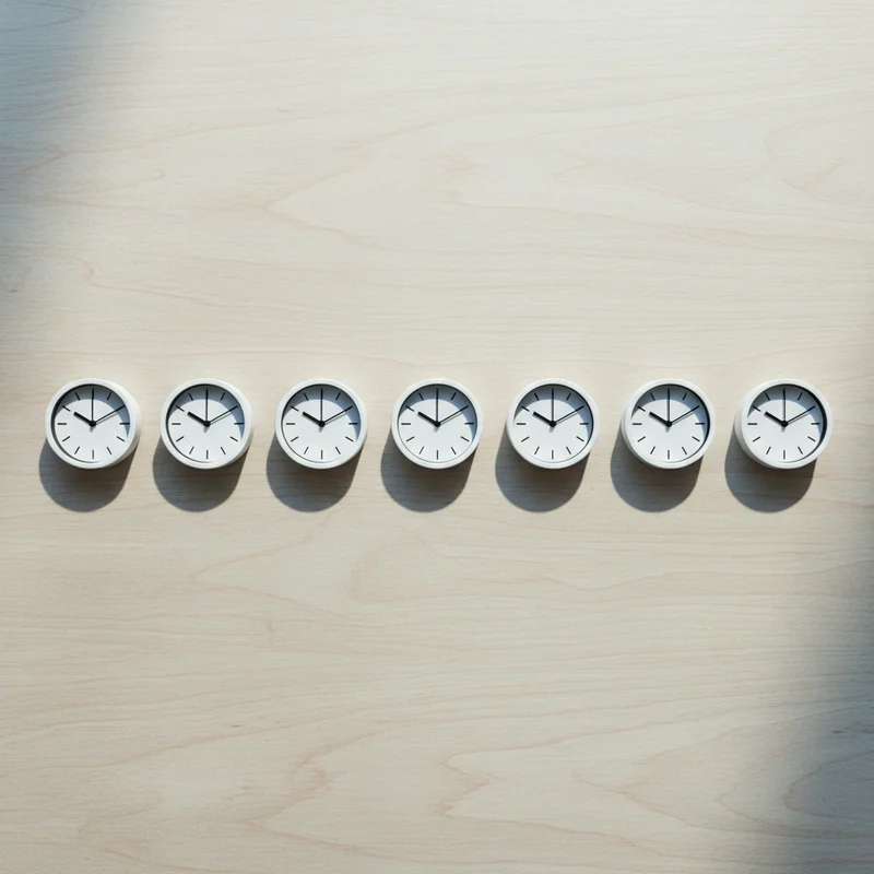Seven small analog clocks in a stepwise progression representing the wake up 30 minutes earlier 7-day plan