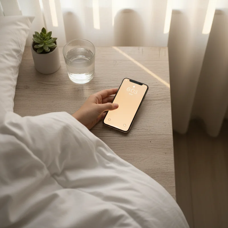 A dim bedroom scene illustrating how Alarmy missions break sleep inertia, with a hand reaching from under the duvet toward a glowing smartphone on the nightstand
