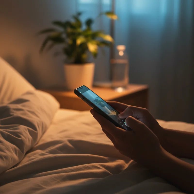 A close-up of hands holding a smartphone beside the bed, capturing how Alarmy missions break sleep inertia through active engagement rather than passive snoozing