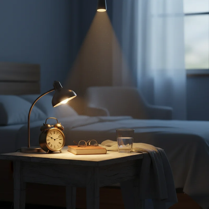 A dawn still-life visualizing how Alarmy missions break sleep inertia, with separate warm light beams activating different objects across a quiet bedroom surface