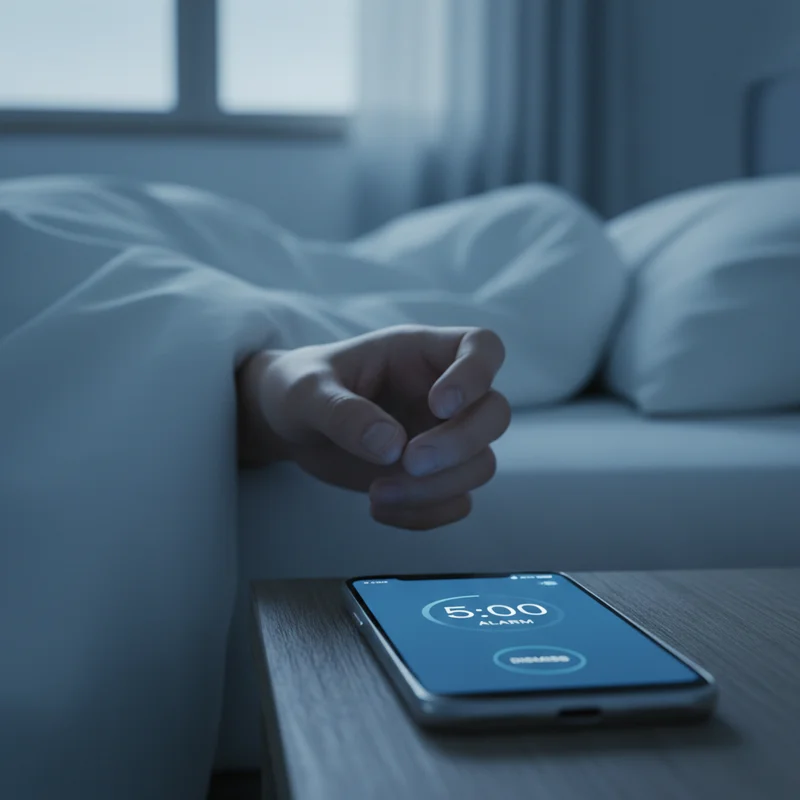 Close-up of a glowing smartphone alarm on a bedside table at dawn with a hesitant fingertip hovering over it, illustrating why iphone or android alarm fails to wake me up