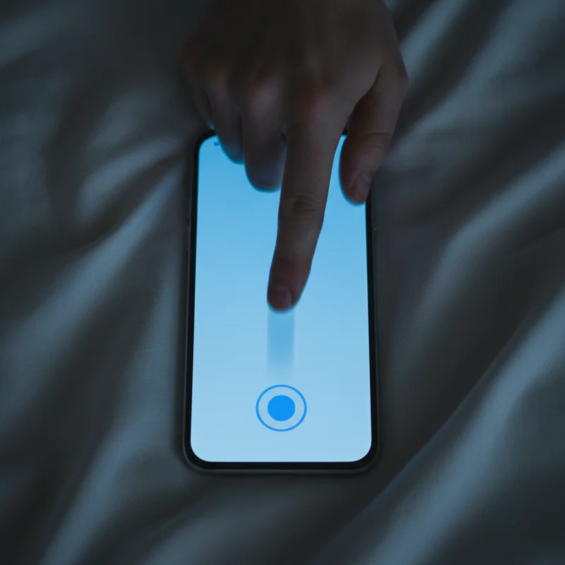Top-down close-up of a finger pressing the snooze button on a phone screen lying on rumpled sheets, showing exactly why iphone or android alarm fails to wake me up during the 9-minute cycle