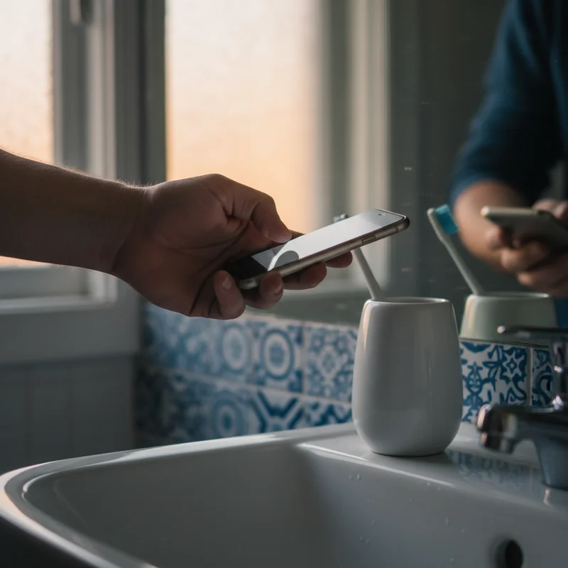 Close-up of a hand holding a phone in front of a sunrise-lit bathroom mirror to complete a photo mission, showing the active counter to why iphone or android alarm fails to wake me up