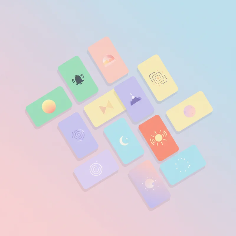Flat illustration of a curated grid of abstract alarm ringtone and video alarm cards, visualizing the sound and video variety dimension of the best alarm app comparison