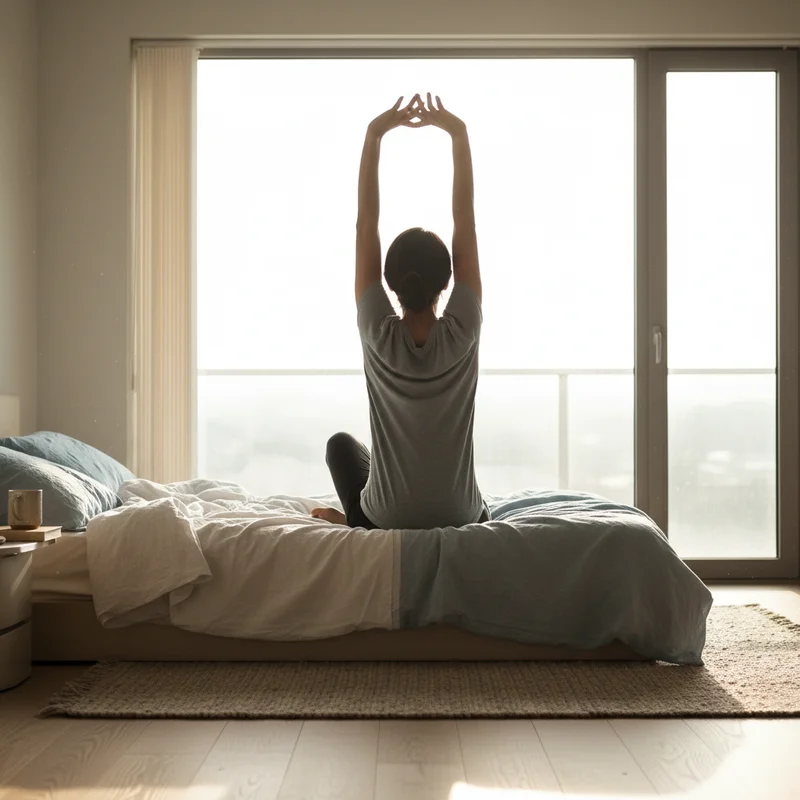 A person stretching on the edge of the bed in morning light after resolving an iphone alarm volume low problem