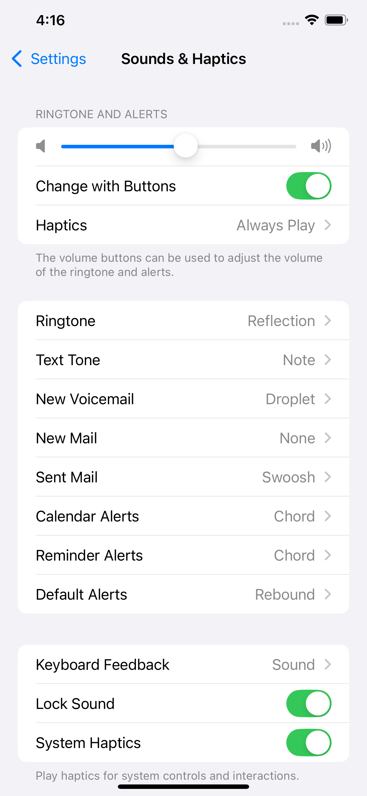 iPhone Settings Sounds and Haptics screen showing the Ringtone and Alerts slider and the Change with Buttons toggle