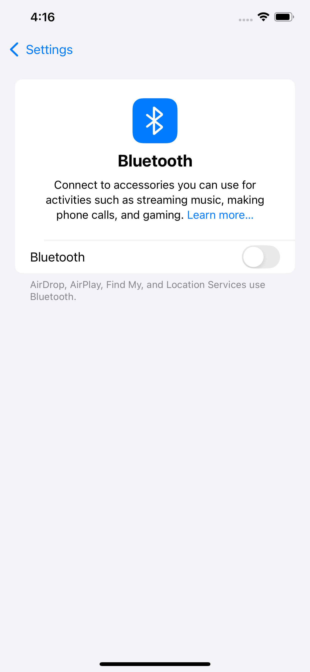iPhone Settings Bluetooth screen switched off