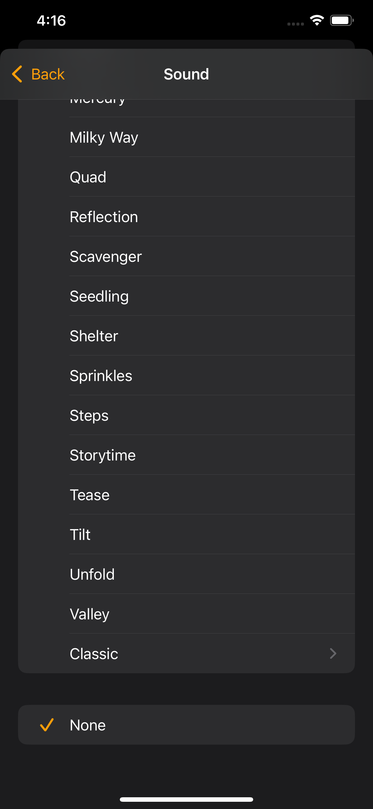 Clock app alarm Sound list with None selected at the bottom