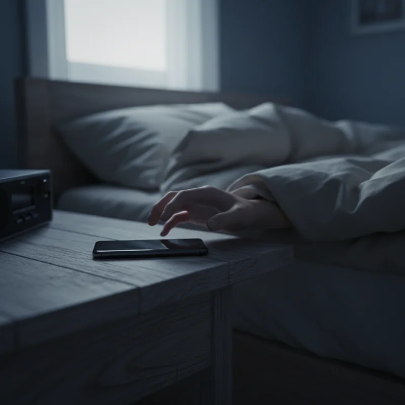 A hand reaching for a smartphone on a nightstand at dawn, illustrating an android alarm not going off