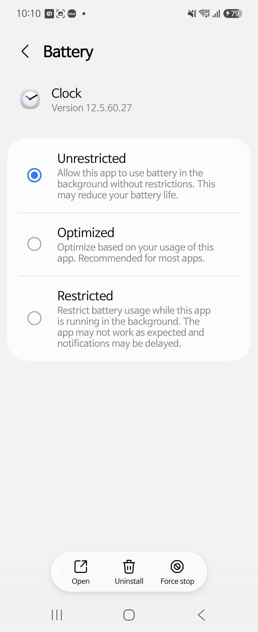 Clock app battery setting set to Unrestricted so battery optimization won't stop the alarm