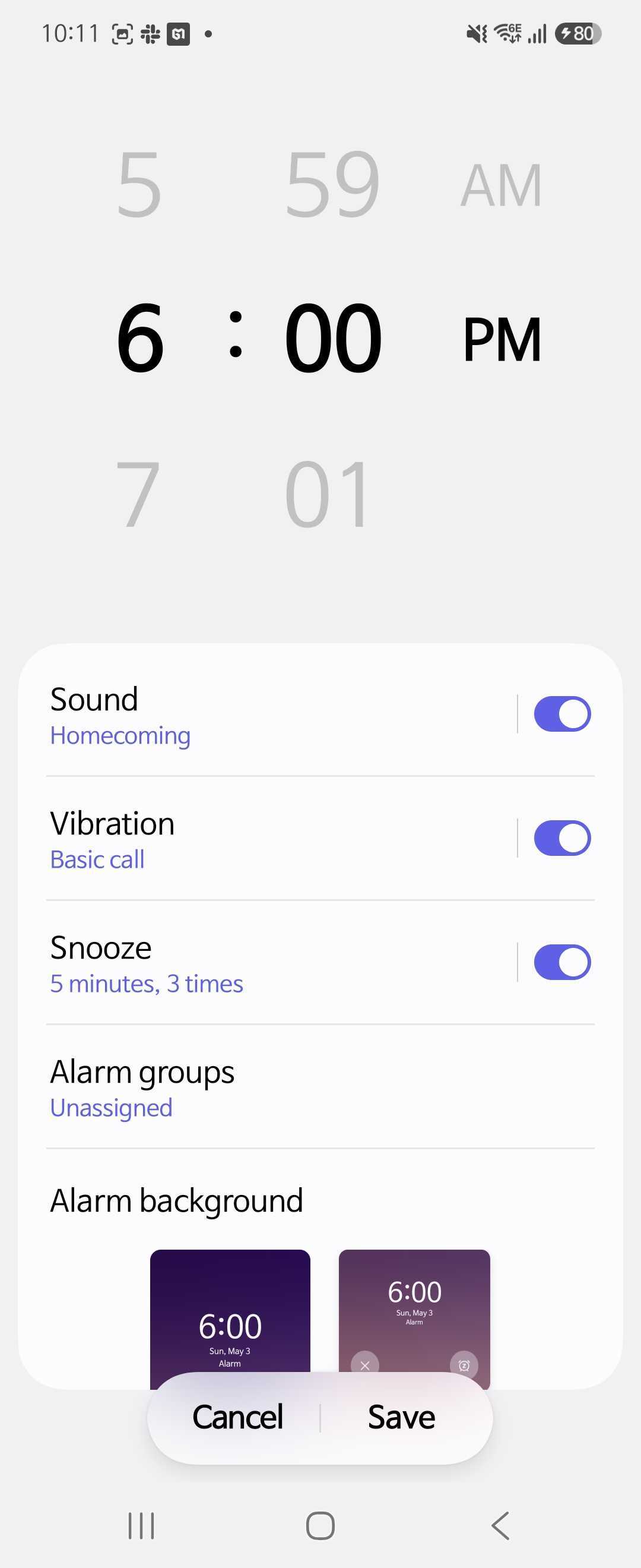 Clock app alarm edit screen showing sound, vibration and snooze settings