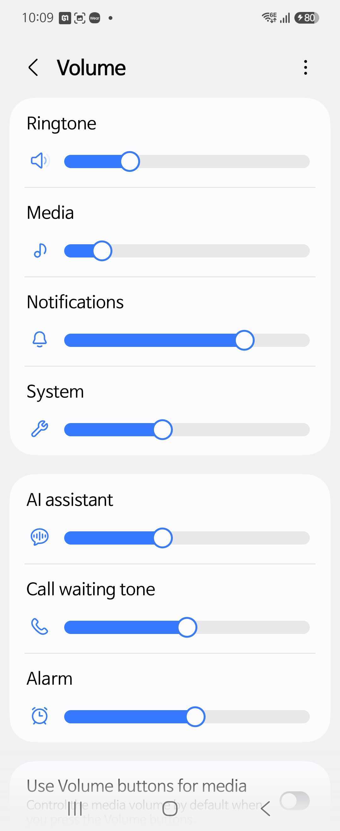 Android Volume settings showing the Alarm volume slider, fixing an android alarm not going off (Samsung Galaxy)