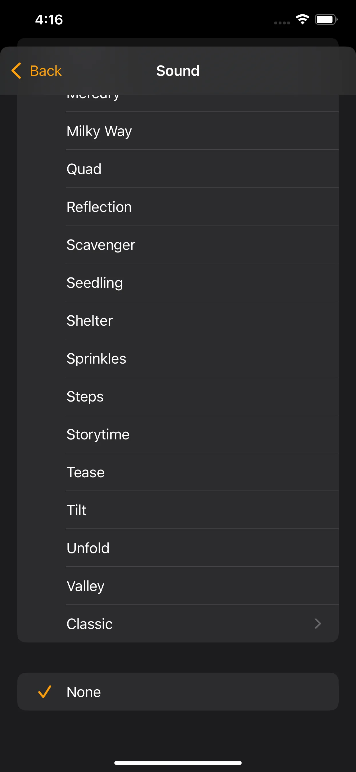 Clock app alarm Sound list with None selected at the bottom