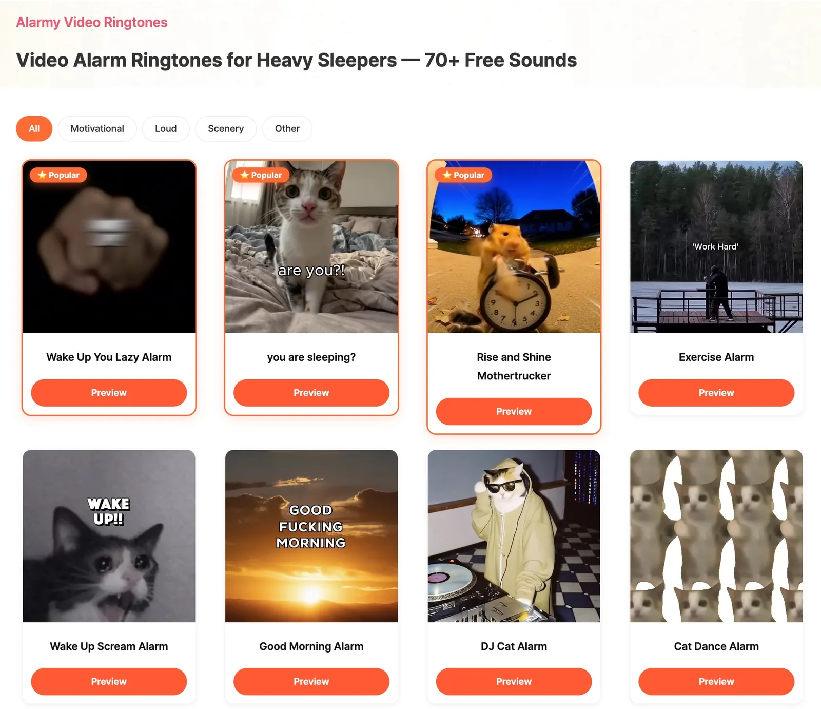 The Alarmy video alarm ringtones library screen showing a grid of motion video alarm sounds — music alarm vs video alarm ringtone comparison context