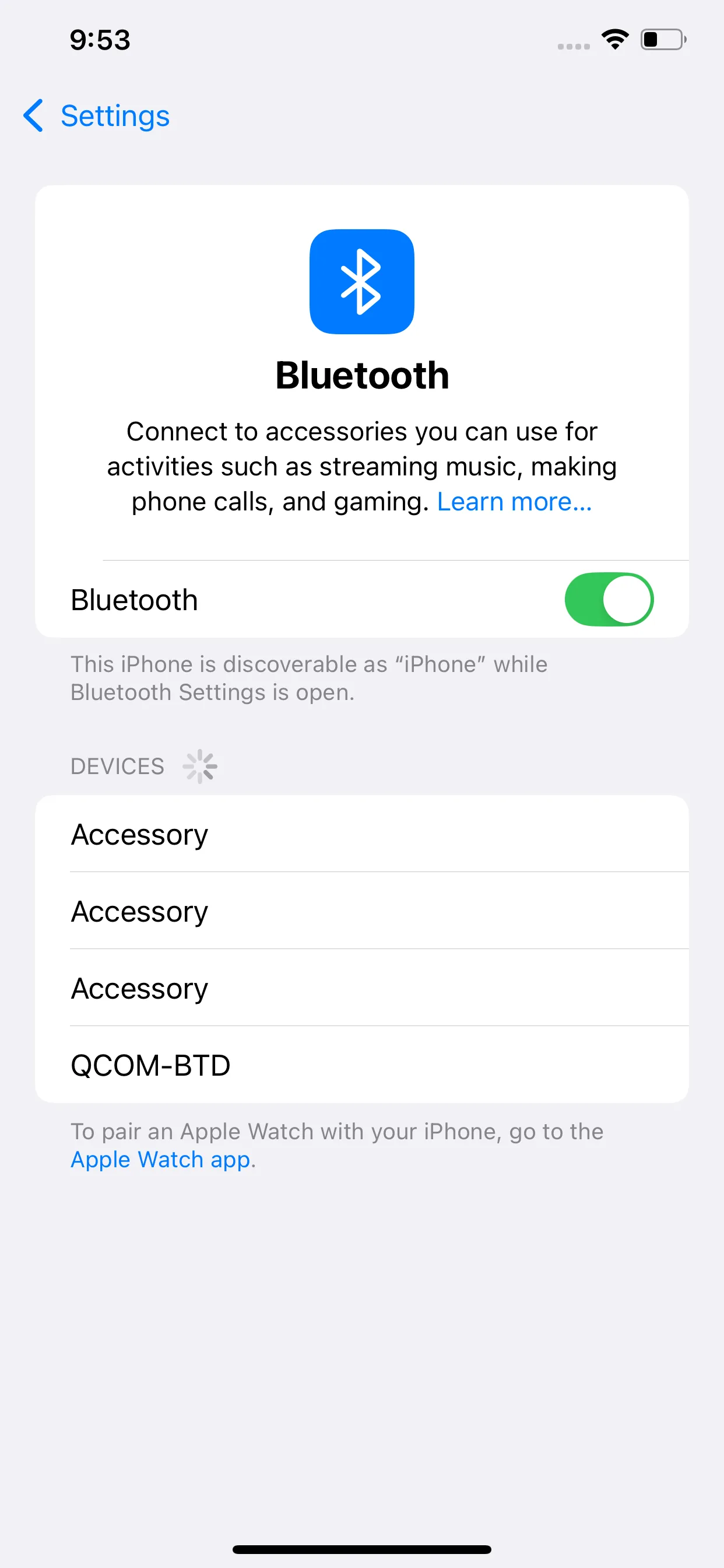 iPhone Bluetooth settings showing connected devices