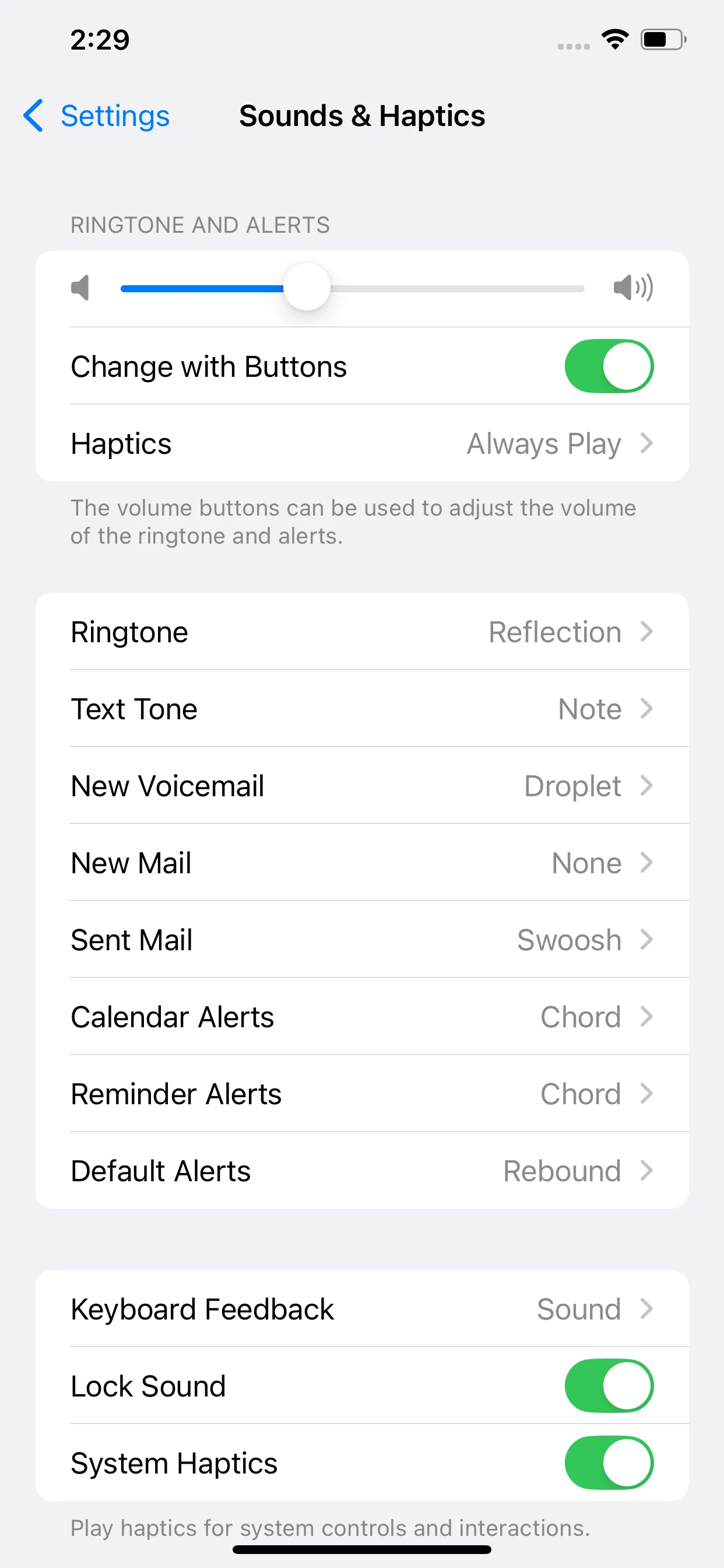 iPhone Sounds & Haptics settings showing the Ringtone and Alerts volume slider