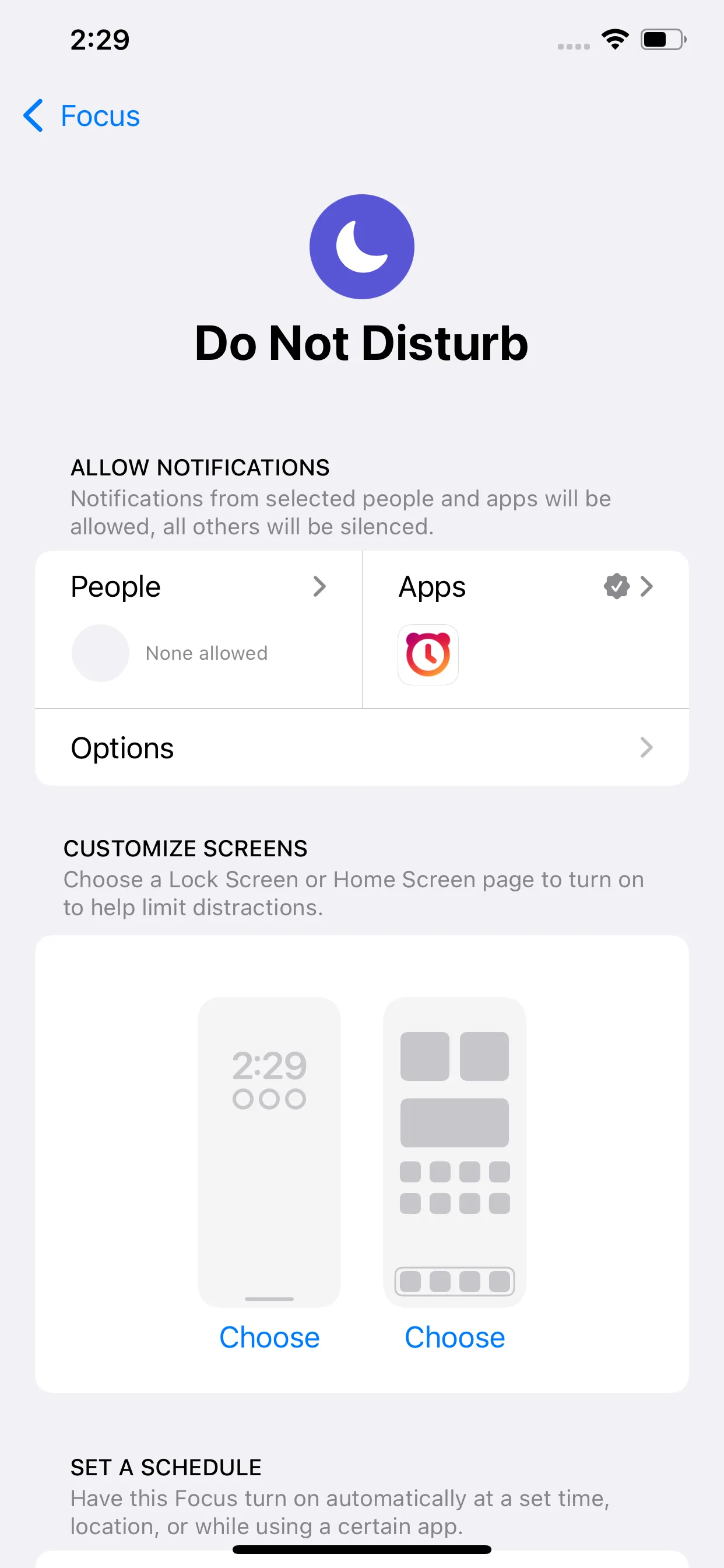 iPhone Do Not Disturb allowed apps list with an alarm app added