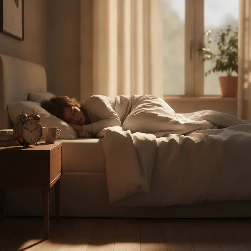 A person sleeping in late on a weekend morning, illustrating the concept of sleep debt