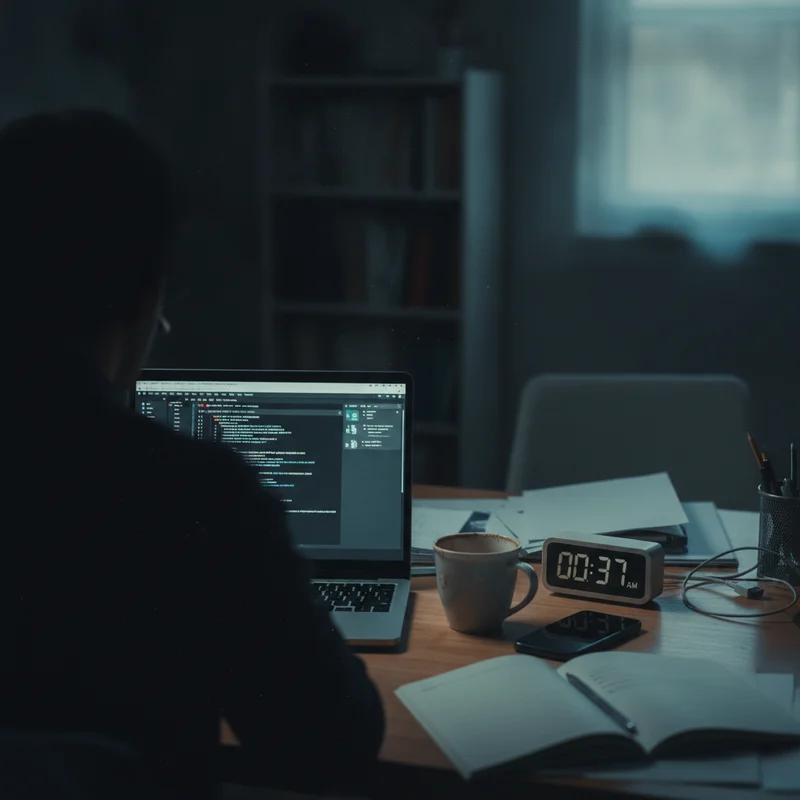 Working late at night at a dim desk, showing how sleep debt builds up during the week