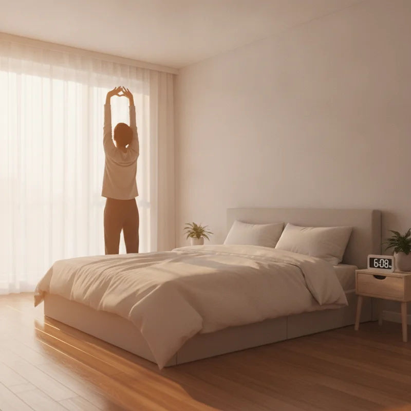 Stretching beside a made bed at sunrise after recovering from sleep debt with a consistent schedule
