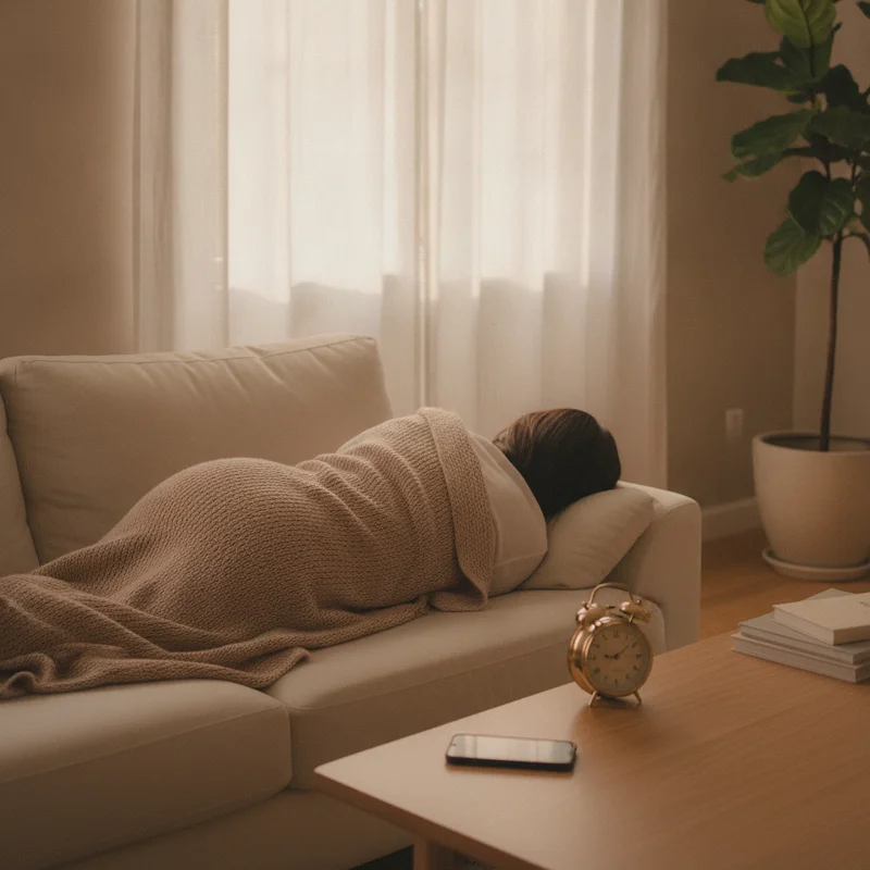 A short midday power nap on a sofa, showing how long a nap should be kept brief