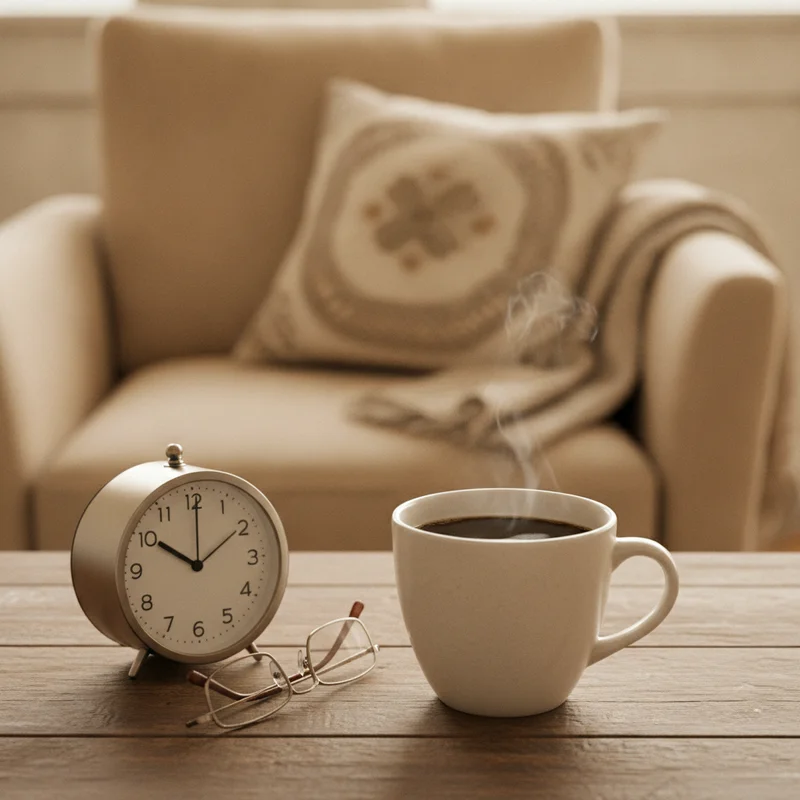 A cup of coffee beside an alarm clock, set up for a coffee nap