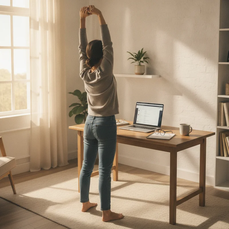 Stretching at a desk feeling refreshed after a nap without grogginess
