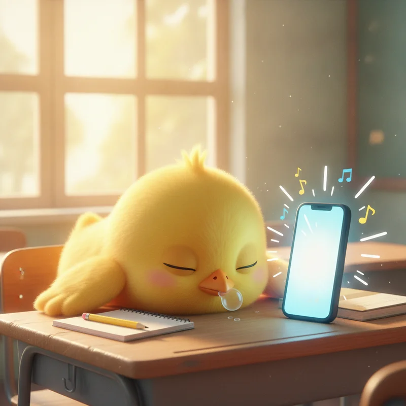 A yellow chick character sleeping on a school desk next to a smartphone ringing with a back to school alarm