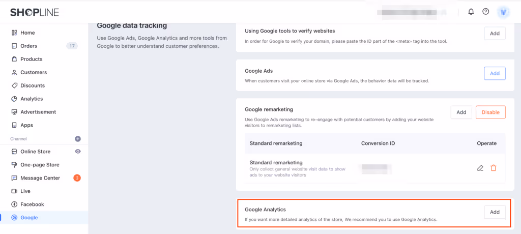 Interface of SHOPLINE Store with Google data tracking options for Google Ads, Remarketing, and Analytics