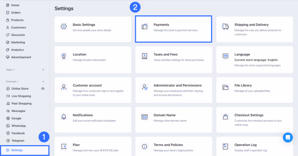 Screenshot of the SHOPLINE Store settings dashboard with various options like Basic Settings, Location, and Payments.