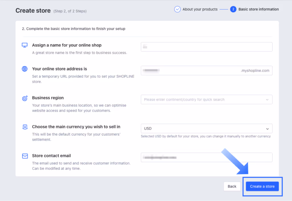 Screenshot of the SHOPLINE Store creation page with fields for naming the store, setting the online store address, selecting business region, choosing main currency, and providing a store contact email.